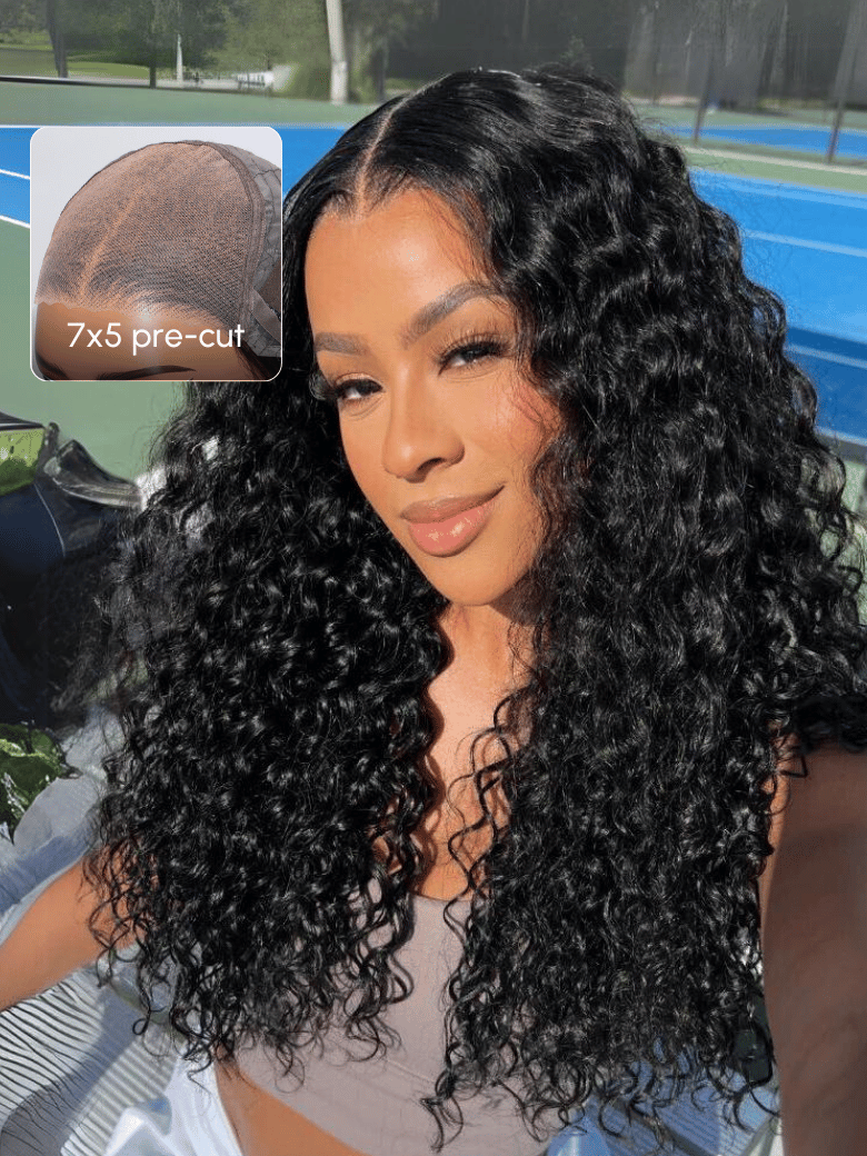 A model displays the UNice 7x5 & 6x4.5 Pre Cut Lace Put On And Go Black Water Wave Air Wig, showing a model with long curly hair and a tennis ball and water wave.