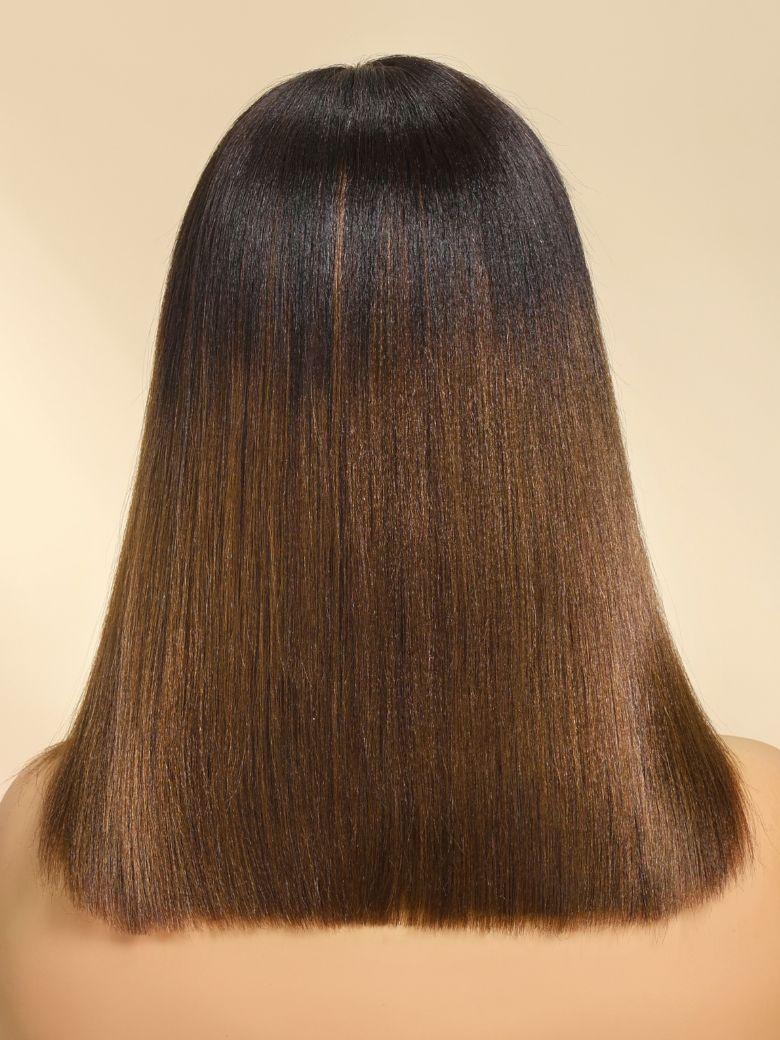 A model displays the UNice 14" Chic 7x5 Bye Bye knots Chestnut Brown Ombre Bob Wig& Black Brown Bob Wig, showing a model with long brown hair and ombre, 7x5, 4x2.
