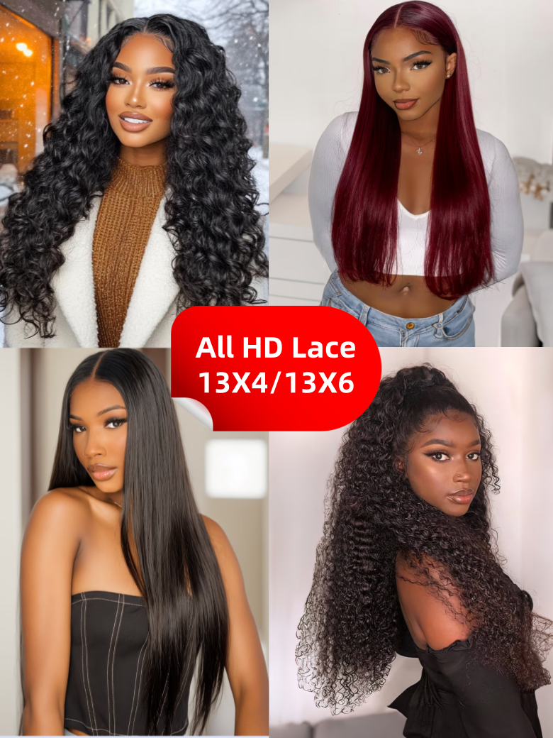 A model displays the UNice 13x4/13x6 HD Lace Frontal Straight/ Deep Wave/ Curly Wig 180%-250% Density, showing all lace wigs and deep wave texture, straight texture.