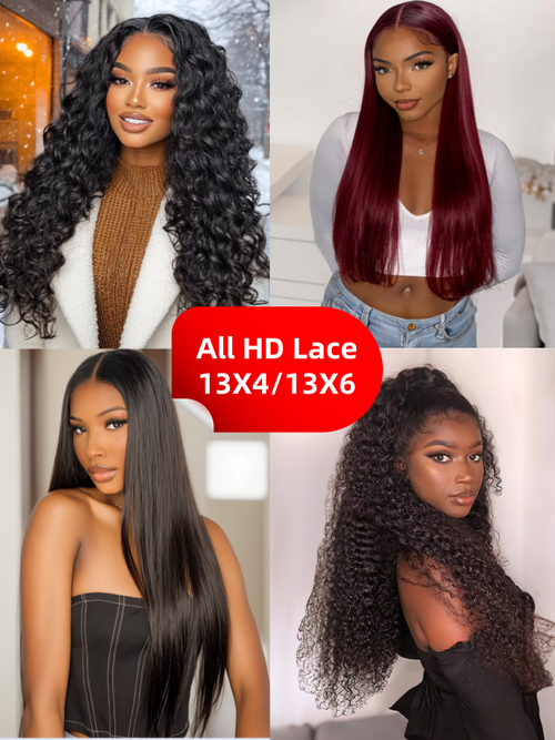 A model displays the UNice 13x4/13x6 HD Lace Frontal Straight/ Deep Wave/ Curly Wig 180%-250% Density, showing all lace wigs and deep wave texture, straight texture.