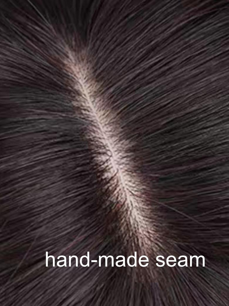 The UNice 14 Inch UNice Machine-Made & Hand-Made Natural Black Curly Bob Wig With Bangs image highlights hand-made seam, a close up of a human hair and curly texture.