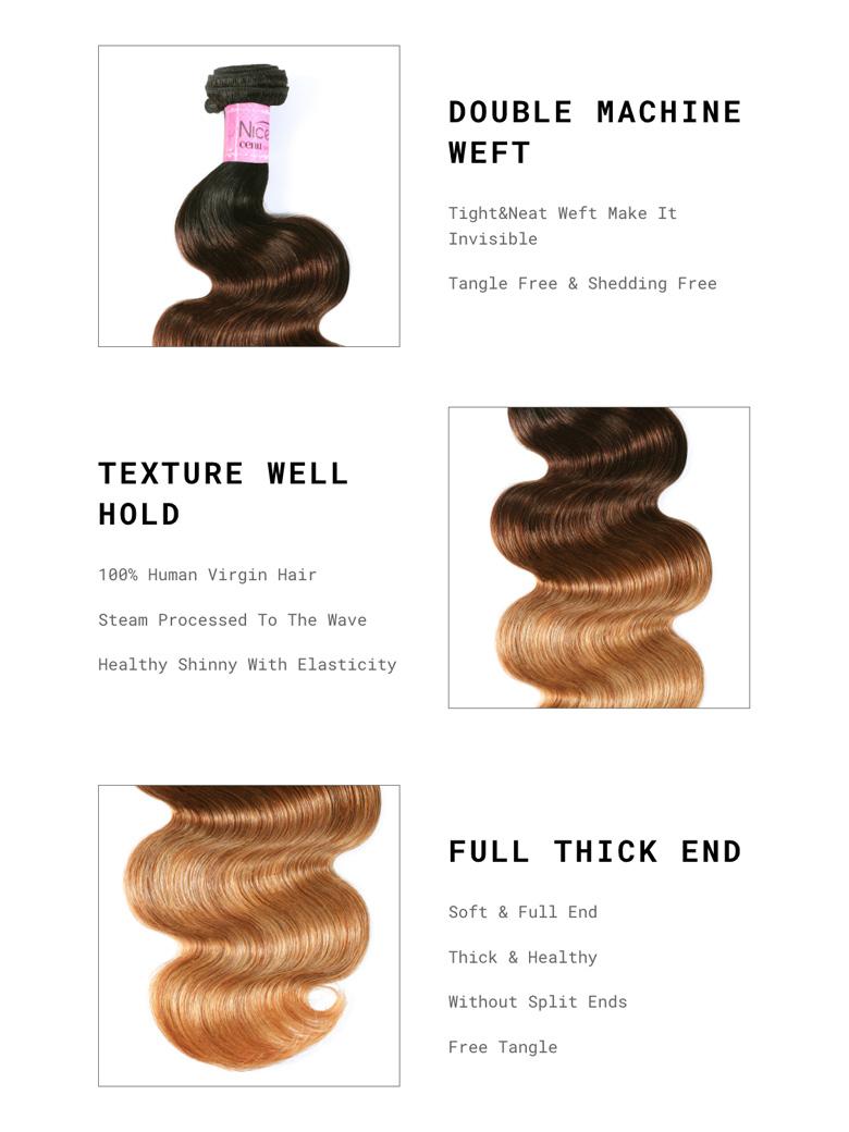 The UNice Hair Body Wave Virgin Hair 1 Bundle Unprocessed Ombre Human Hair Wave image highlights DOUBLE MACHINE, Nice, coa, WEFT, the different lengths of hair and body.