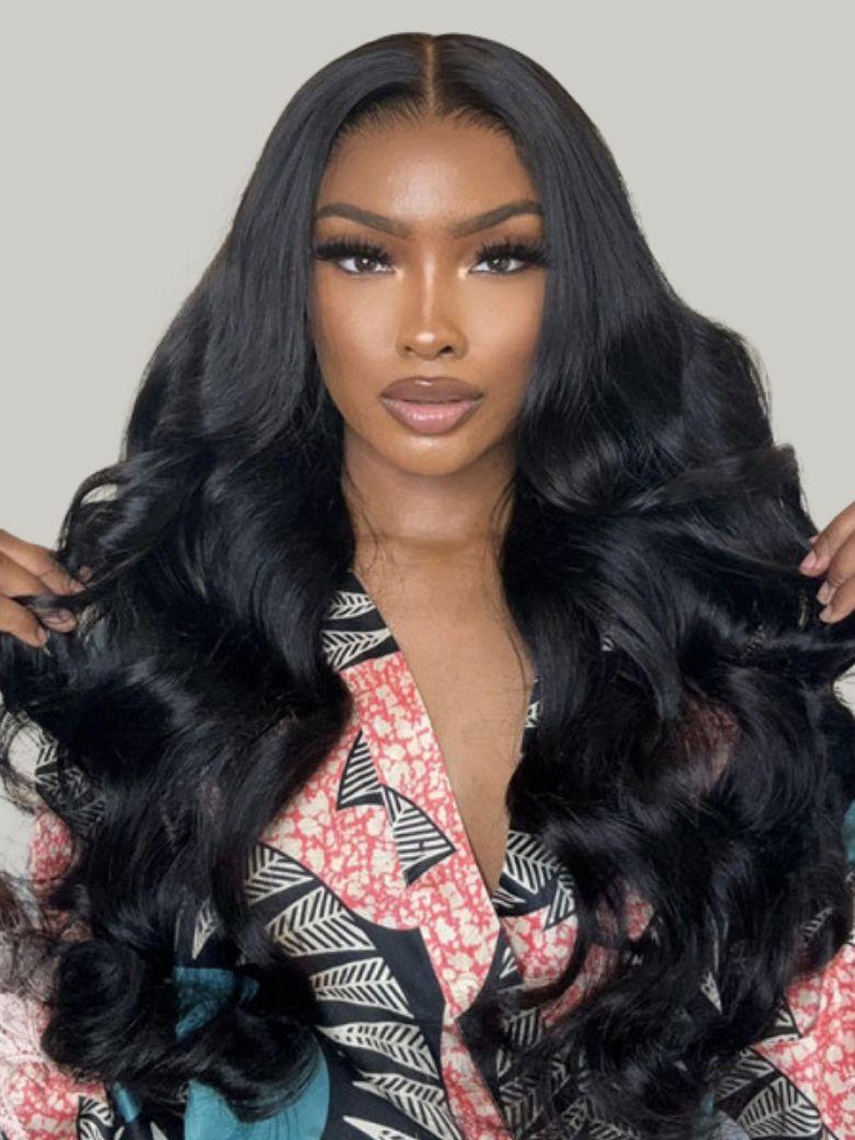 A model displays the UNice 22" and 24" are the same price Body Wave Full Lace Transparent Lace Human Hair, showing a woman wearing a long black wig and body wave.
