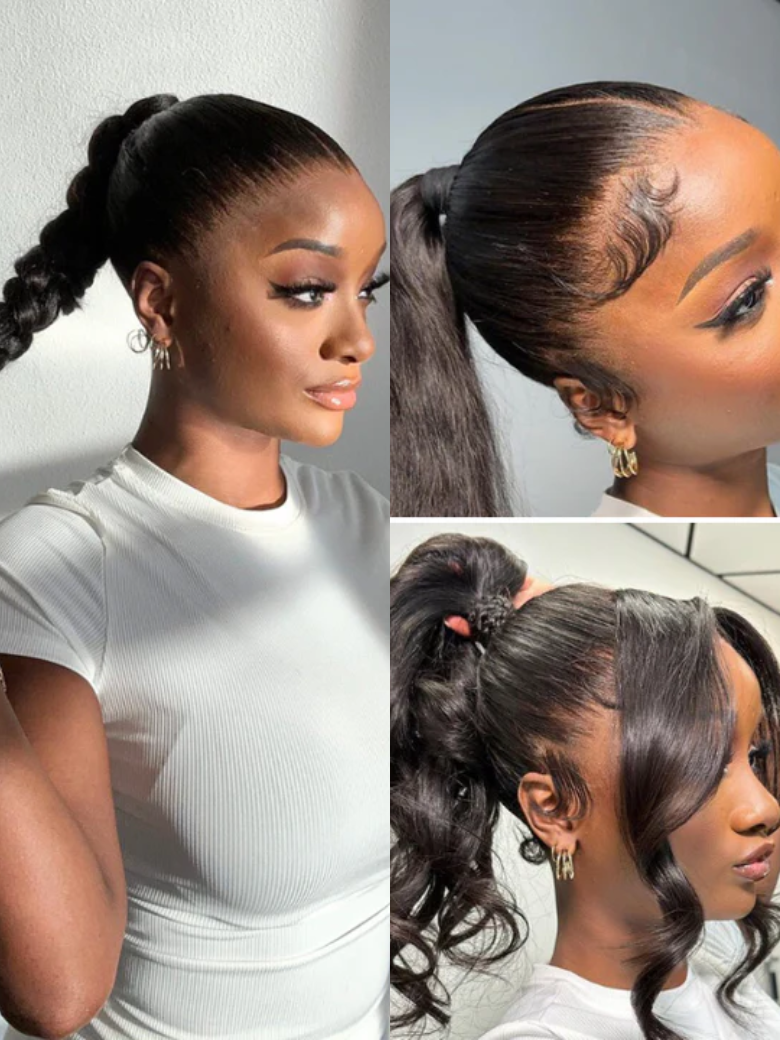 A model displays the UNice 360 Lace Frontal 180% Density Body Wave Human Hair Wig, showing a model with long hair in a ponytail and body wave texture, lace finish.