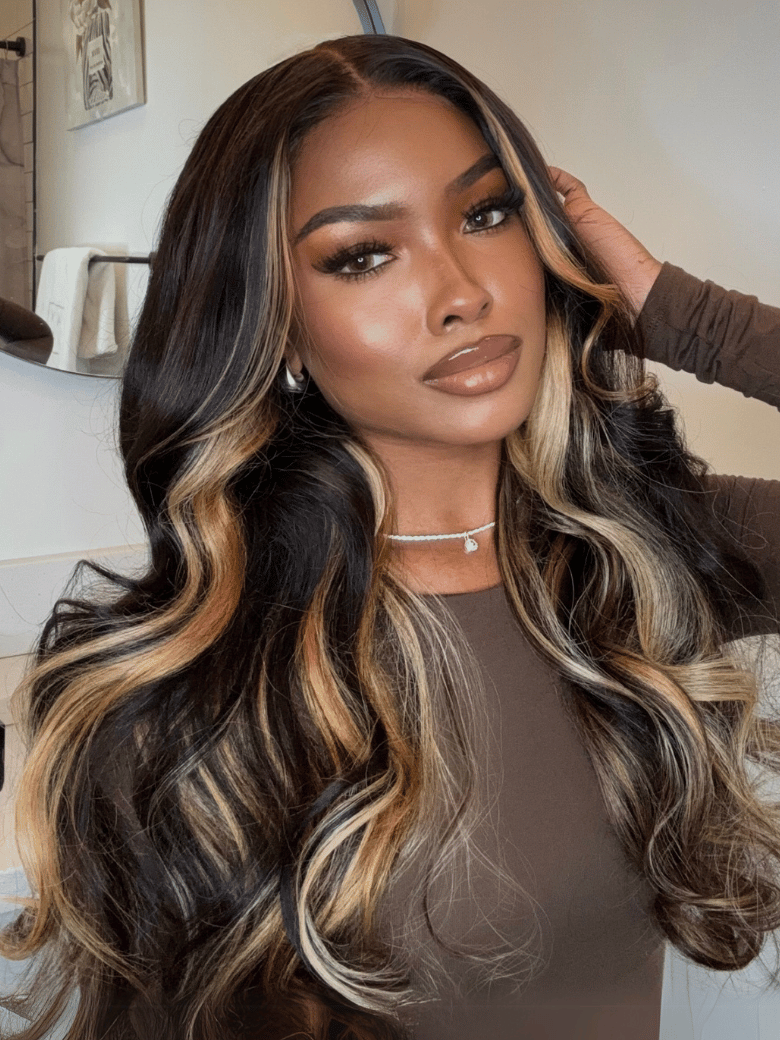 A model displays the UNice $169=2 wig 20" 7x5 Bye Bye Slip Wig and Glueless Wig, showing a model with long hair and brown eyes and 7x5, glueless wear.