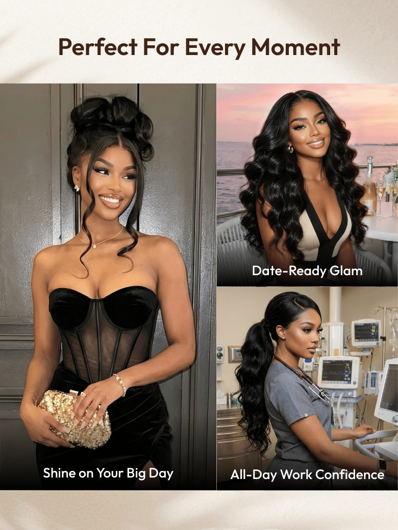A model displays the UNice Bye Bye Slip 7x5 Glueless Lace Body Wave Lace Front Wig Invisi Drawstring, showing a woman in a black dress and a woman in a white dress.