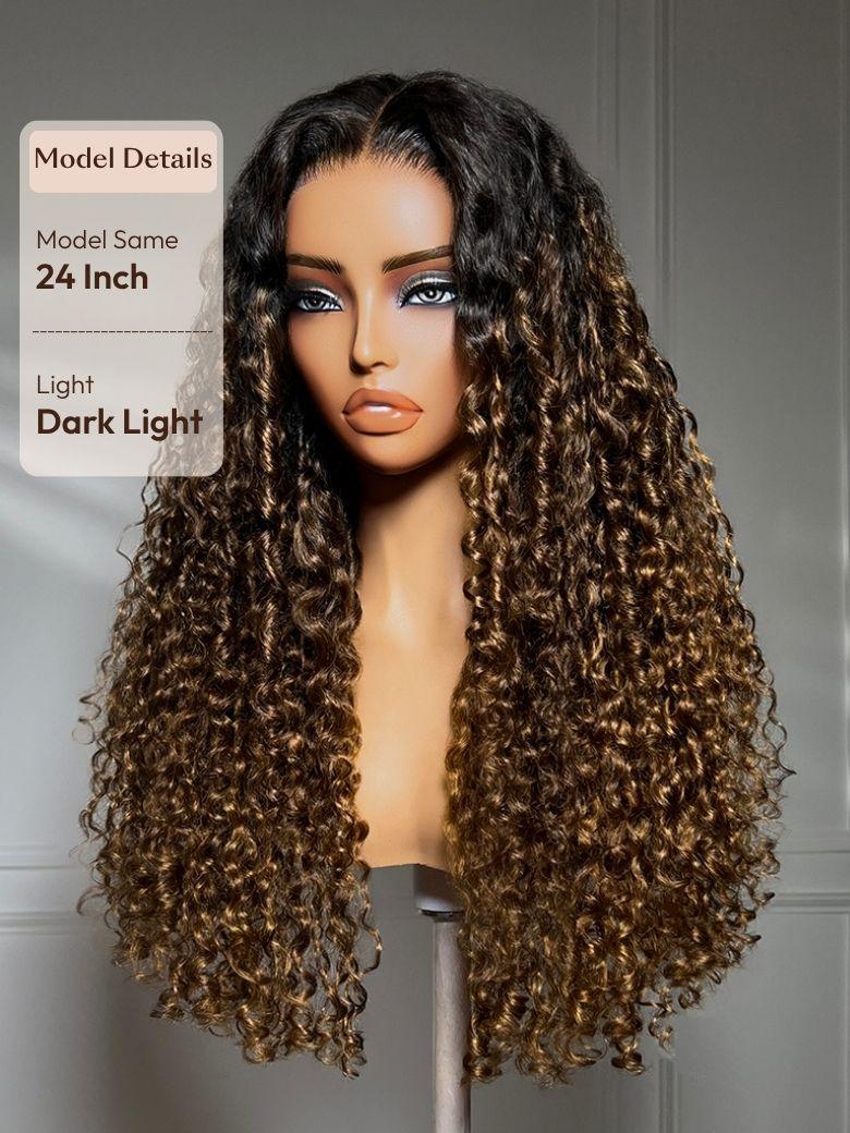 A model displays the UNice Bye Bye Slip 7x5 Lace Glueless Sun-Kissed Honey Brown Ombre Tight Spiral wig, showing a wig with long curly hair and a brown wig and ombre.