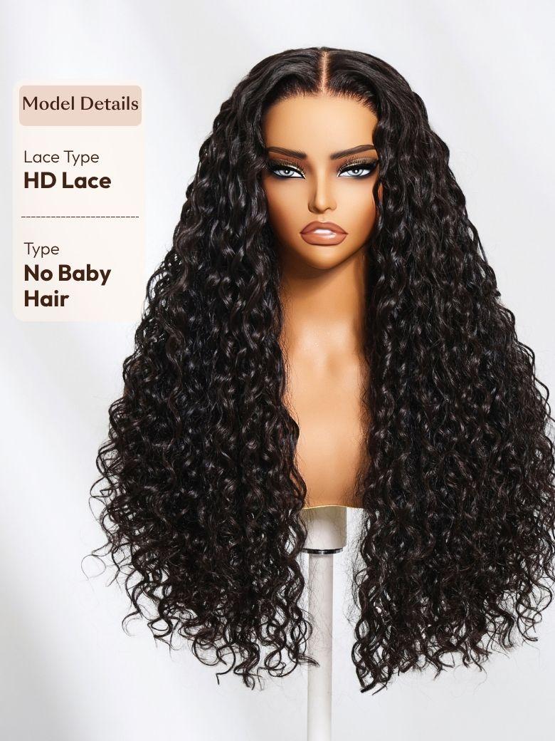 The UNice 13x4 Pre-Everything Pre-Cut HD & Transparent Lace Front Water Wave Drawstring wig image highlights Model Details, Lace Type, HD Lace, Type, a wig with long.