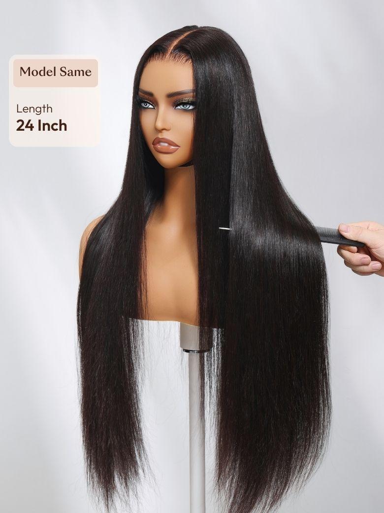 A model displays the UNice 13x4 Bye Bye Slip Glueless Lace Black Straight Bleached Knots Drawstring Wig, showing a model is holding a hair brush and a wig and straight.