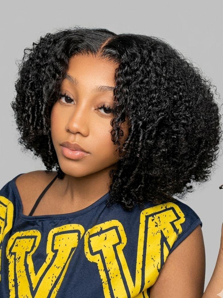 A model displays the UNice 7x5 Bye Bye Slip & 13x4 Pre-Everything Curly Texture Premium Hair Drawstring wig, showing a model with a curly wig and a t - shirt and curly.