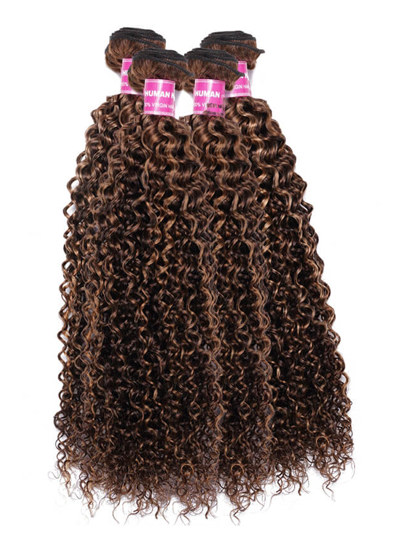 The UNice Blonde Highlight Piano Color 4 Bundles Of Curly Weave Hair Deal image highlights HUM, brazilian curly hair bundles and curly texture, highlight.