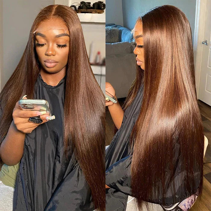 #4 Chocolate Brown 4x4 Glueless Lace Front Wigs Human Hair Wigs For Women Pre Plucked 180% Density