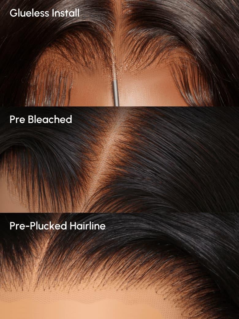 A model displays the UNice Bye Bye Knots Wig Pre-Cut 7x5 Glueless Lace & 13x4 Pre-Everything Honey Blonde, showing a woman ' s hair before and after it has been dyed.