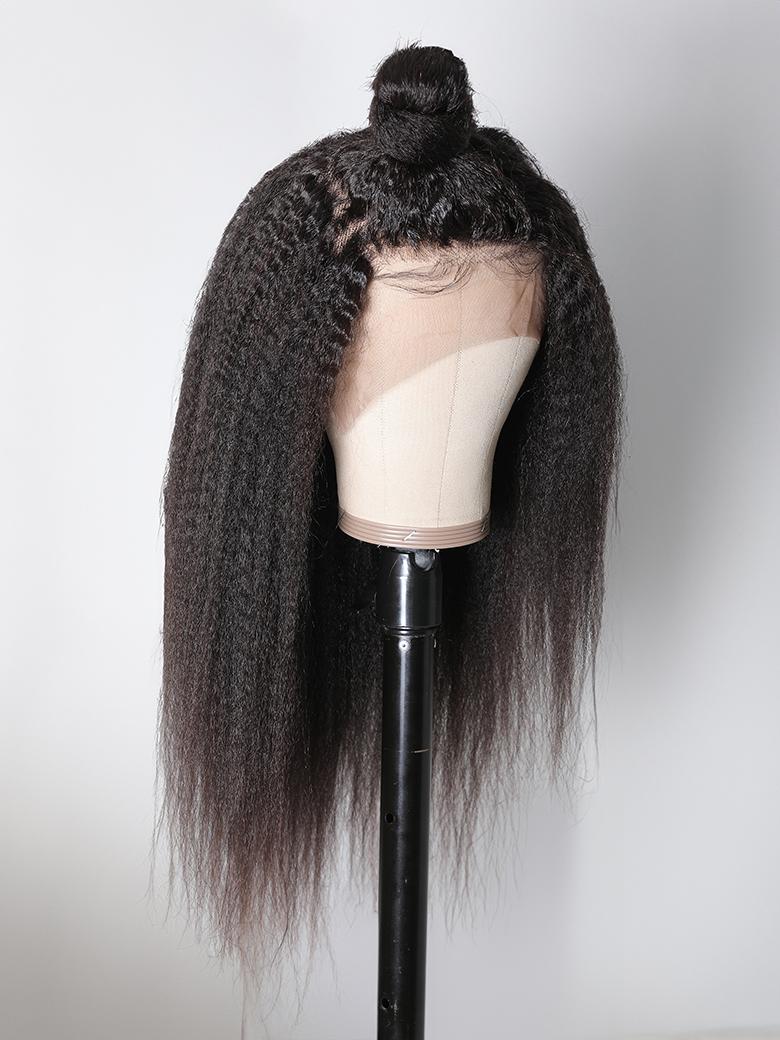 The UNice '' UNice Kinky Straight Glueless13x4 Lace Front Wig Virgin Human Hair Wig visual image position 6 shows a wig on a manne | kinky straight texture, straight.