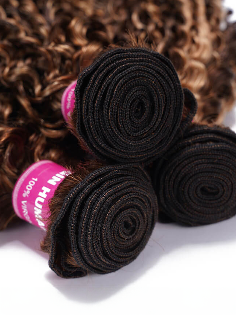 The UNice Blonde Highlight Piano Color 4 Bundles Of Curly Weave Hair Deal product image shows a pile of curly hair and curly texture, highlight, bundle fullness.
