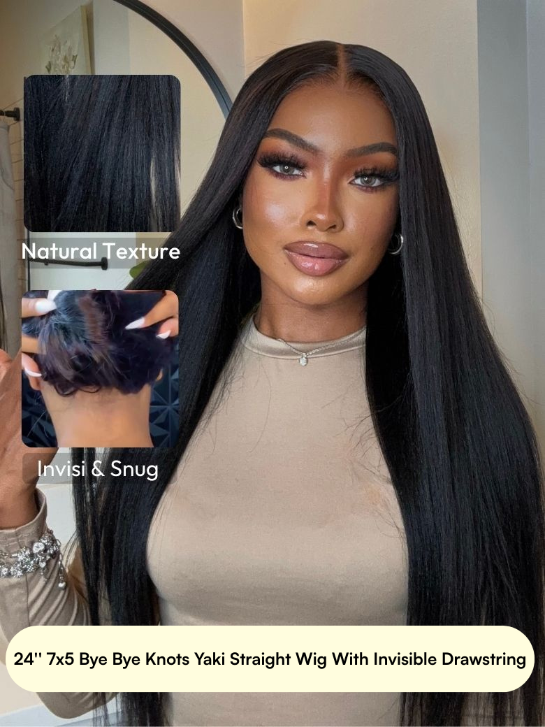 A model displays the UNice Each 24" Lace Wig Only $129, showing a model with long black hair and a white shirt and lace finish.