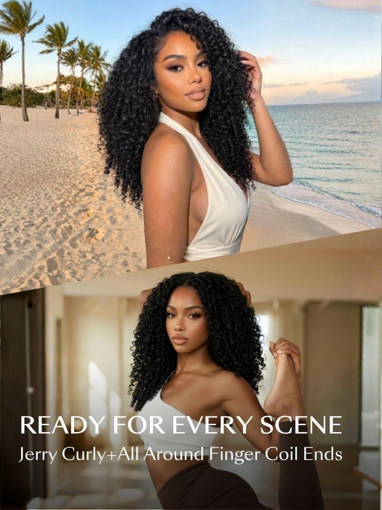 A model displays the UNice FB 7x5 Bye Bye Slip & 13x4 Pre-Everything Curly Texture Premium Hair wig, showing a model with curly hair and a white top and curly texture.