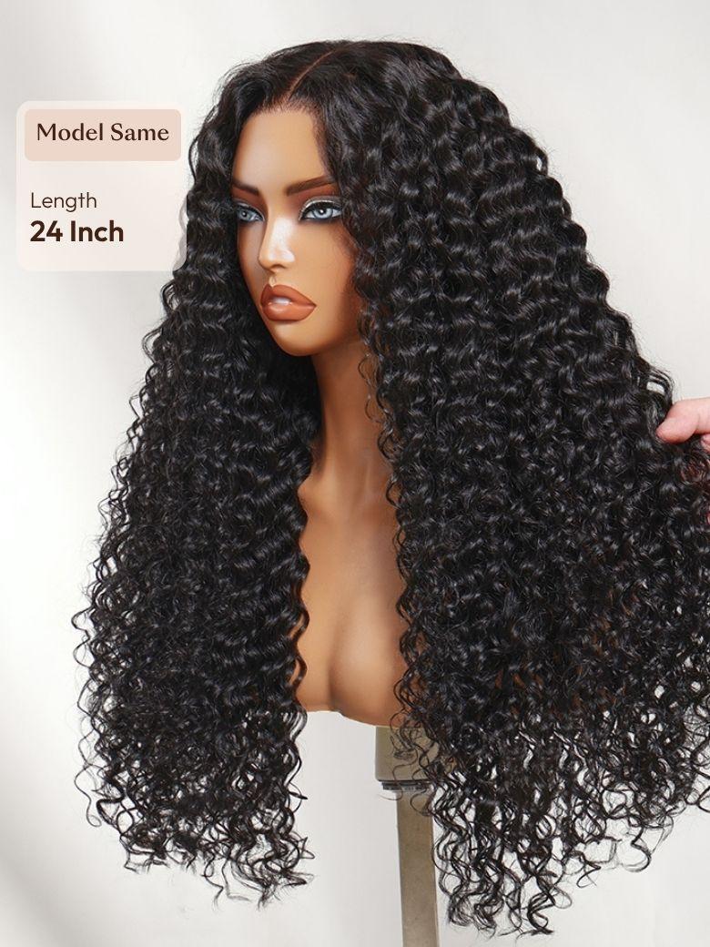A model displays the UNice 13x4 Bye Bye Slip Lace Frontal Glueless Black Voluminous Deep Curly Wig With, showing a woman wearing a wig with long curly hair and curly.