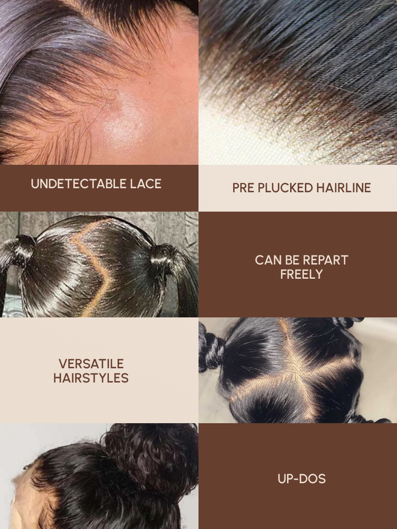 The UNice 360 Lace Frontal 180% Density Body Wave Human Hair Wig image highlights UNDETECTABLELACE, PREPLUCKEDHAIRLINE, CANBEREPART, FREELY, hair transplants before.