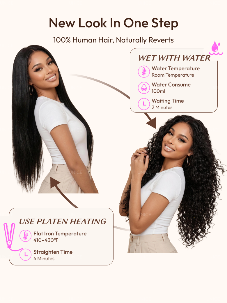 UNice wet and wavy glueless no slip wig: how to transition from unbox straight to wet curl look and restyle with heat.
