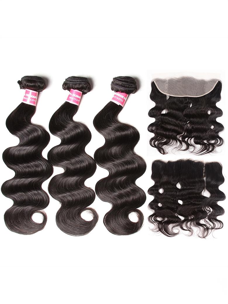 The UNice 13x4 Lace Frontal With 3 Bundles Body Wave Human Hair product image shows body wave hair bundles and body wave texture, 13x4, lace finish.