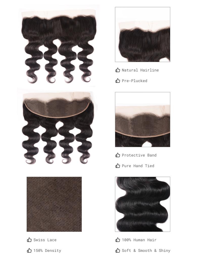The UNice Hair Unprocessed 4 Bundles Body Wave Virgin Hair With 13x4 Lace Frontal image highlights Natural Hairline, Pre-Plucked, Protective Band, Pure Hand Tied.