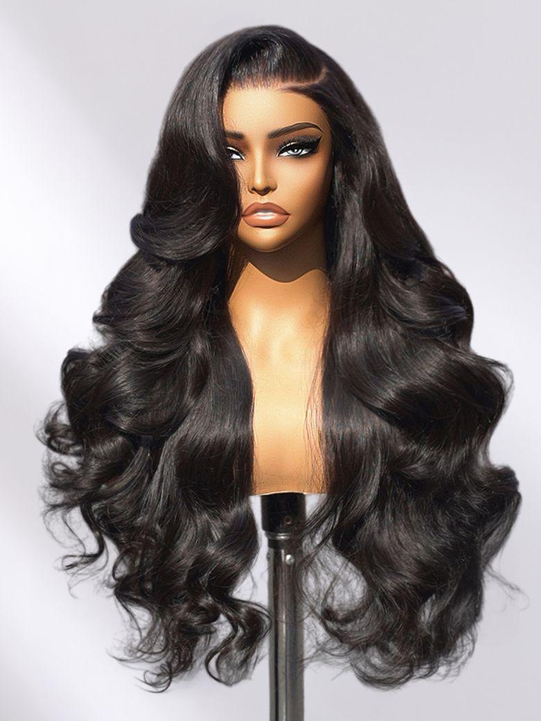 The UNice Invisi Drawstring UNice 13x4 Pre-Everything Transparent Lace & HD Lace Front wig product image shows a wig with long hair on a mann and body wave texture.