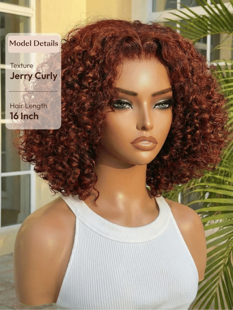 A model displays the UNice 7x5 Bye Bye Knots Wig Glueless Lace Sunset Reddish Brown Jerry Curly/ Afro, showing a model with curly hair and a white top and straight.