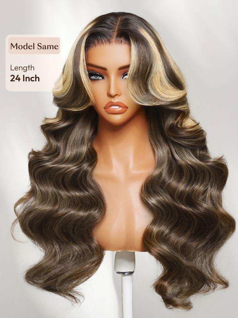 The UNice 13x4 Bye Bye Slip Lace Frontal Honey Brown Loose Wave Drawstring Wig with image highlights Model Same, Length, 24Inch, a wig with long wavy hair and blonde.