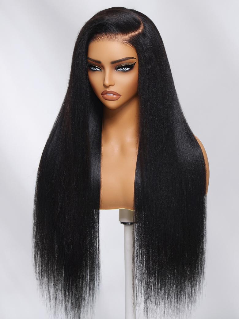 The UNice 7x5 ByeBye Knots & 13x4 Pre-Everything Wig Glueless Lace Yaki Straight Wig visual image position 7 shows a wig with long black hair | straight texture, yaki.
