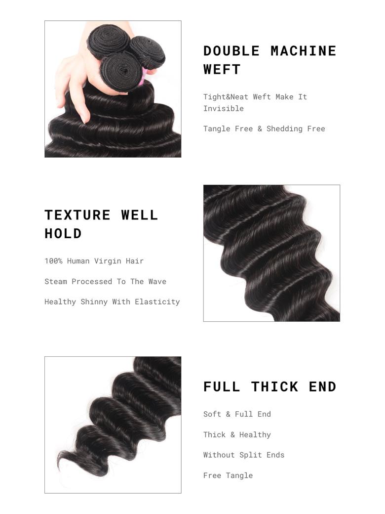 The UNice Hair 1 Bundle Virgin Human Hair Loose Deep Wave image highlights DOUBLEMACHINE, WEFT, Tight&Neat Weft Make It, Invisible, brazilian loose wave hair.