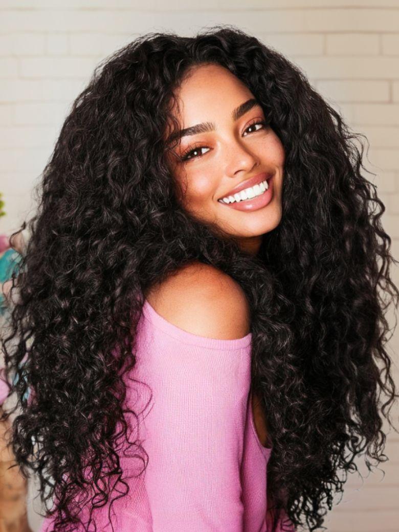 A model displays the UNice 280% Density 13x4 HD Lace wig Curly Lace Front wig Human Hair UNice, showing a model with long curly hair smiling and curly texture, 13x4.