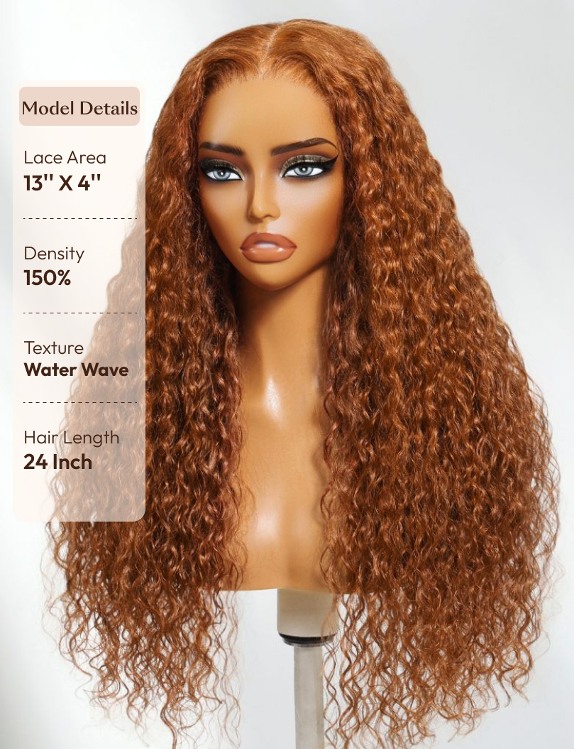 The UNice Limited Quantity Pumpkin Spice 13x4 Pre-Everything Lace Frontal Side Part image highlights ModelDetails, LaceArea, 13"'X4", Density, a wig with long curly hair.
