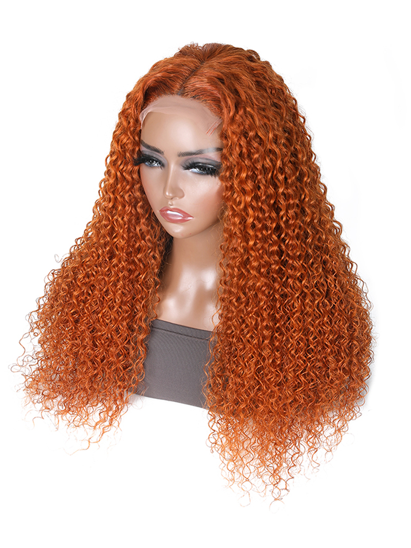 The UNice Hot Ginger Color Glueless Lace Jerry Curly Human Hair Lace Part Wig 150% Density visual image position 6 shows a wig with long curly hair and orange hair |.
