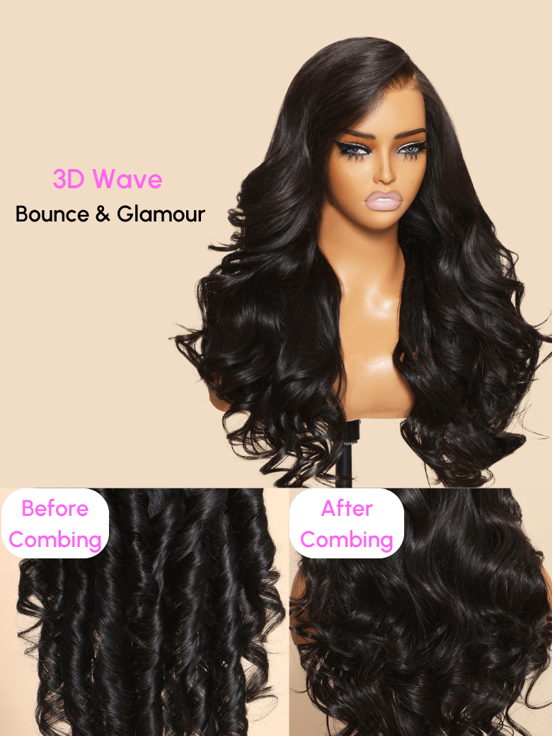 The UNice 7x5 Lace Bye Bye Knots & 13x6 Lace Frontal Black Body Wave Pre-Everything Wig image highlights 3DWave, Bounce&Glamour, Before, After, a full wig with long wavy.