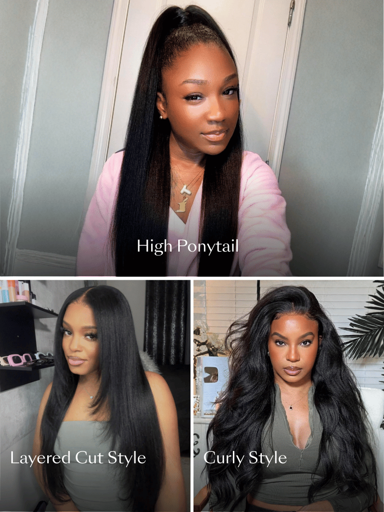 A model displays the UNice 7x5 Bye Bye Slip Yaki Straight Black Glueless Wig With Invisible Drawstring, showing a model with long hair and a pink jacket and straight.