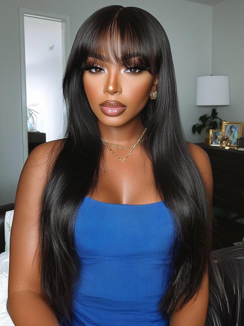 A model displays the UNice Ins Only Black Yaki Wig Human Hair Glueless Wig with Blunt Bangs With Wispy, showing a woman in a blue dress sitting on a bed and yaki.