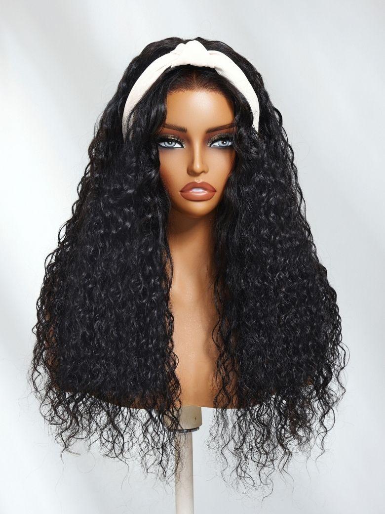 The UNice 7x5 Pre-Cut Lace 180% Density & 10 seconds flip-over Half Wig Water Wave With image highlights CO, a wig with long curly hair and a headband and water wave.