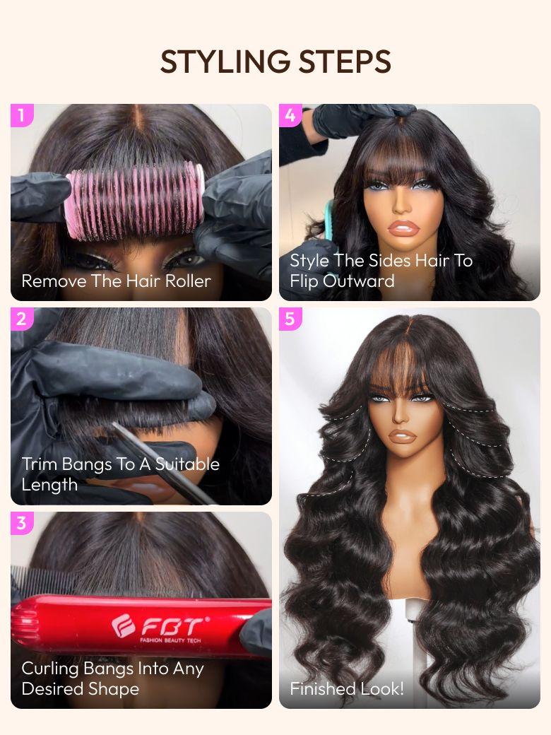 The UNice 7x5 & 13x4 Bye Bye Slip Pull & Go Black Fluffy Loose Wave Wispy Bangs Glueless image highlights STYLINGSTEPS, Style The Sides Hair To, Remove The Hair Roller.