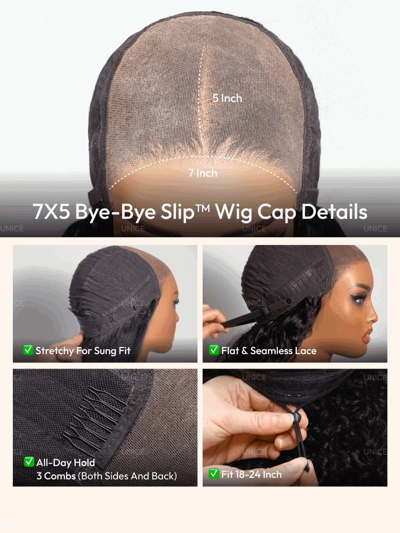 A model displays the UNice Bye Bye Slip 7x5 Lace Glueless Dark Chocolate Brown Side Part Yaki Straight wig, showing a model is using her hair to cut her hair.