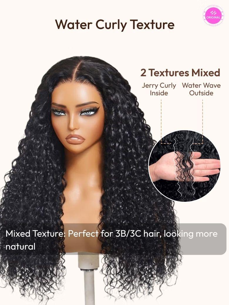 The UNice 7x5 Bye Bye Knots & 13x4 Pre-Everything Lace Frontal Natural Black Water Wave image highlights WaterCurlyTexture, ORIGINAL, 2 TexturesMixed.