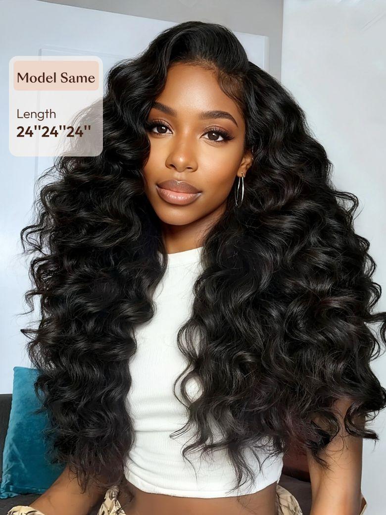 A model displays the UNice 3Pcs Kinky Straight Indian Real Human Hair Bundles Deal, showing a model with long curly hair wearing a white top and kinky straight texture.