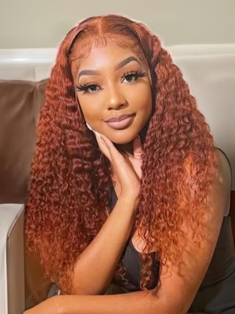 A model displays the UNice 13x4 Lace Frontal Auburn Brown Hair Color Jerry Curly Lace wig With Baby Hair, showing a model with long curly hair sitting on a couch.