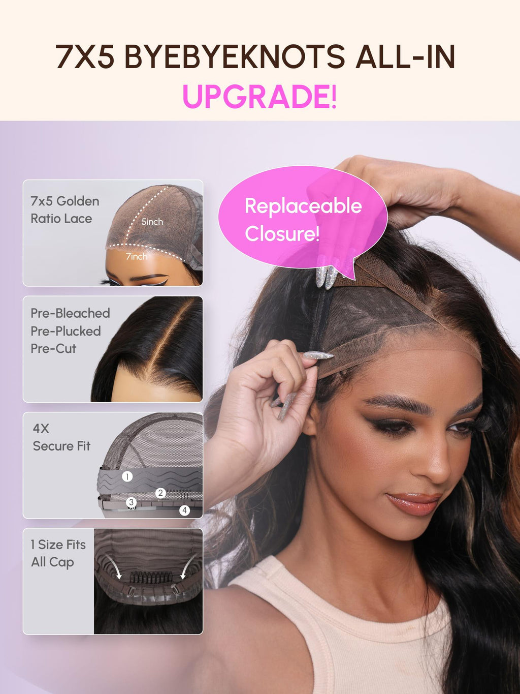 A model displays the UNice Magic Lace Wig Black to Chestnut Brown Ombre Body Wave With Optional 7x5, showing a model with a hair brush and a hair extension and body wave.