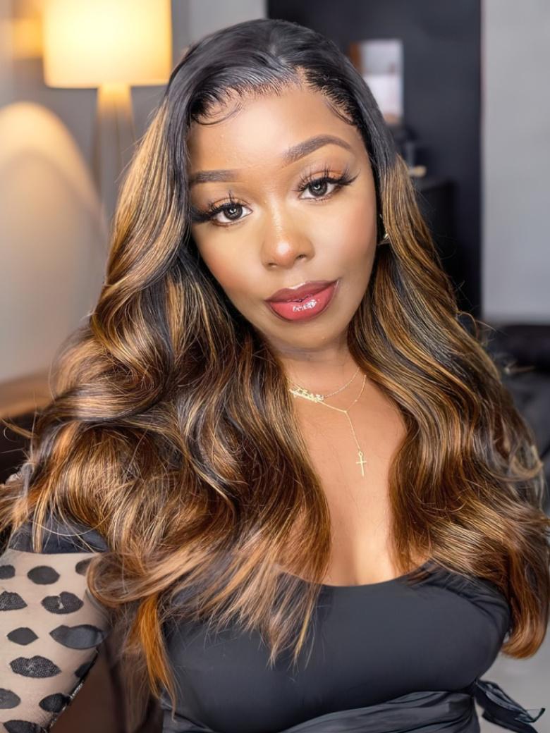A model displays the UNice Classic Brown Highlight 4Pcs Human Hair Body Wave Bundles, showing a model with long hair wearing a black dress and body wave texture.