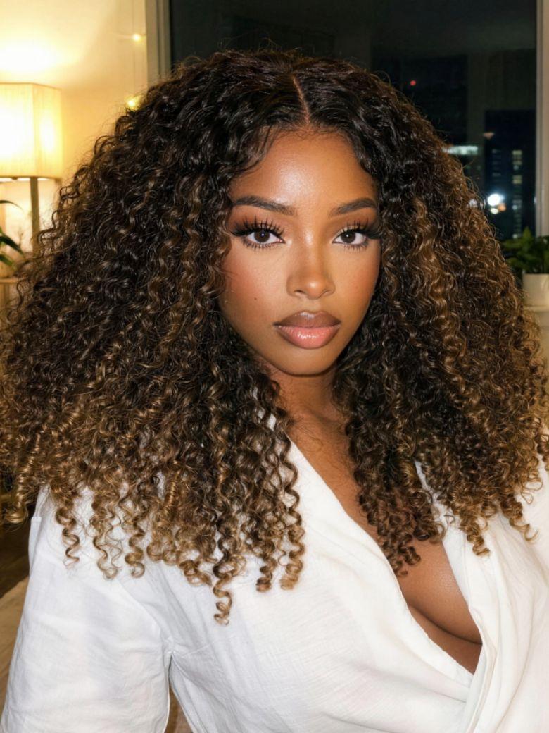The UNice With Drawstring Summer Color 7x5 Bye Bye Slip Glueless Lace Black to Chestnut wig visual image position 3 shows a model with long curly hair and a white shirt.