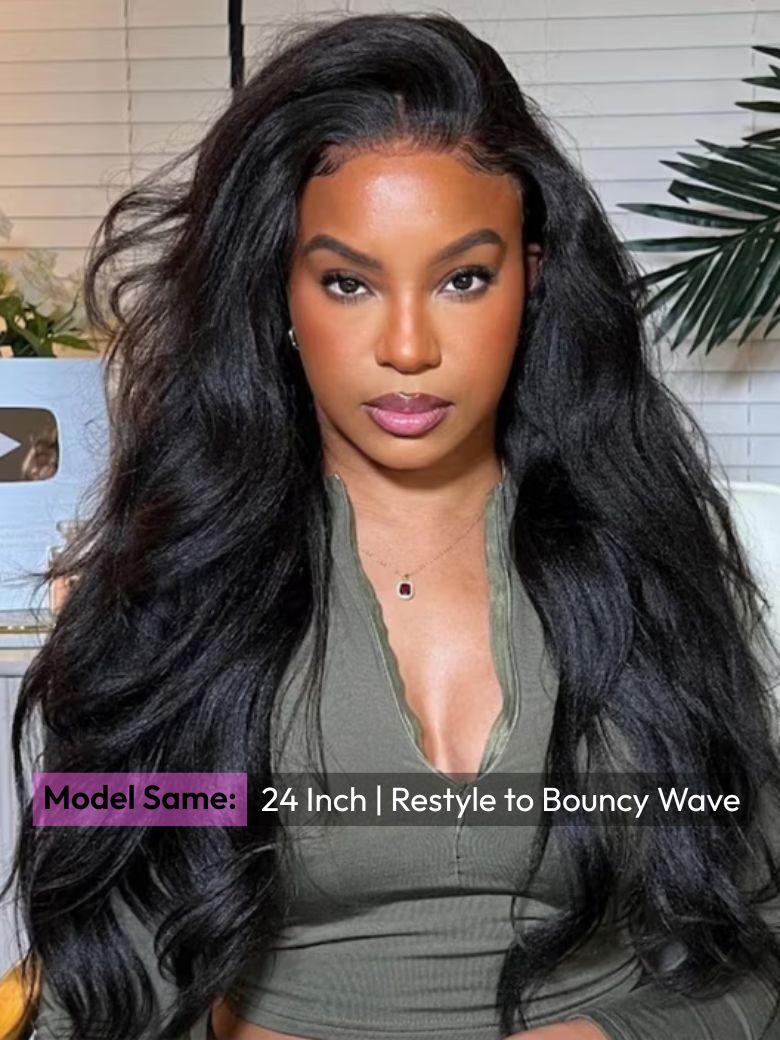 A model displays the UNice 7x5 ByeBye Knots & 13x4 Pre-Everything Wig Glueless Lace Yaki Straight Wig, showing a model with long black hair and a green top and straight.