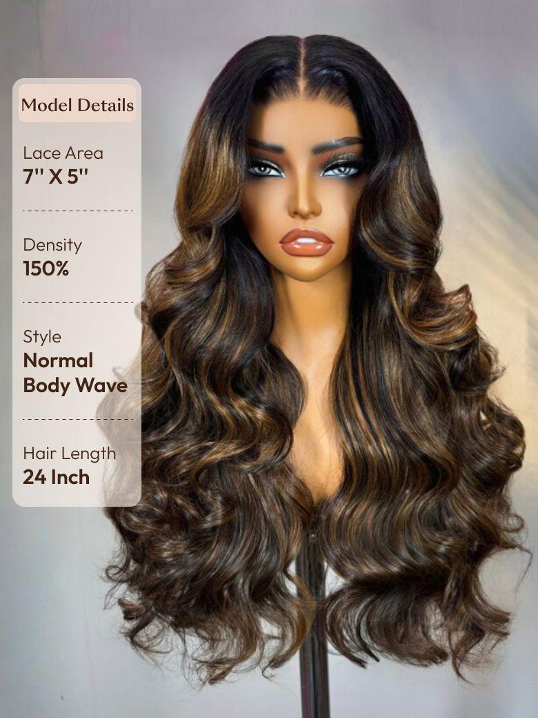 The UNice Ins Exclusive Discount UNice 7x5 Bye Bye Knots Wig Glueless Lace Balayage image highlights Model Details, LaceArea, 7"X5"", Density, a wig with long wavy hair.