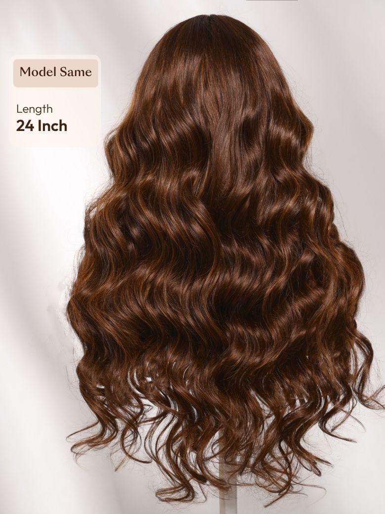 A model displays the UNice 7x5 Bye Bye Slip Lace Auburn Brown with Copper Highlights Body Wave Drawstring Wig, showing a long wavy brown wig with a wavy wavy hair.