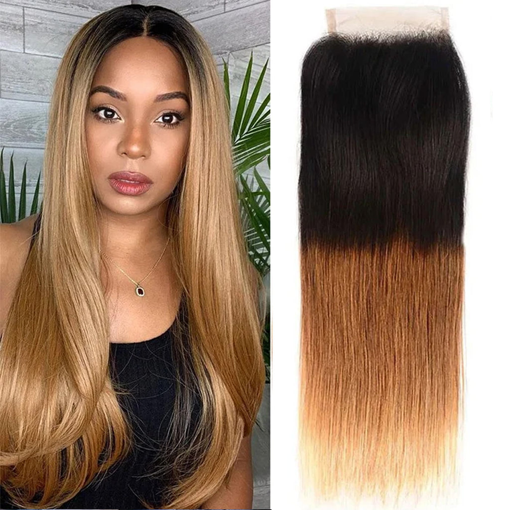4x4 Lace Ombre Peruvian Virgin Straight Hair Two Tone 1B/27 Human Hair Weave Extensions